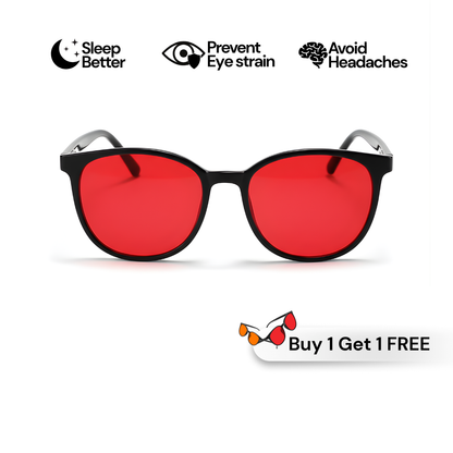 Red-lensed glasses with promotional text on a white background